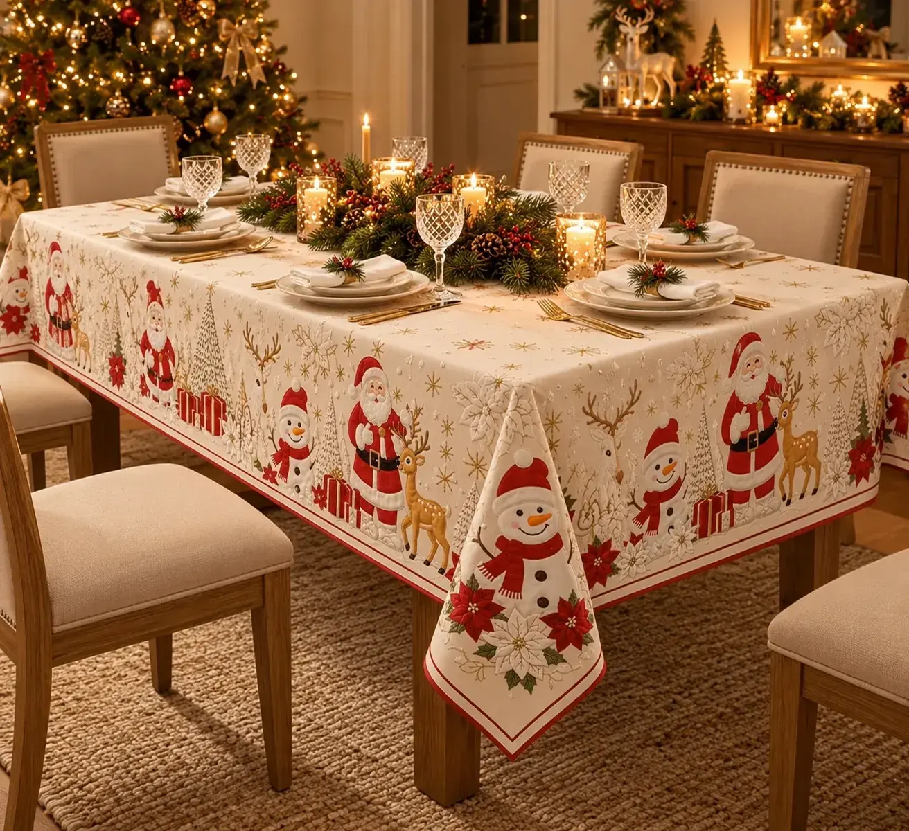 Toalha de Mesa Natalina Bordada em Algodão | 3 Estampas 2.20x1.50 metros