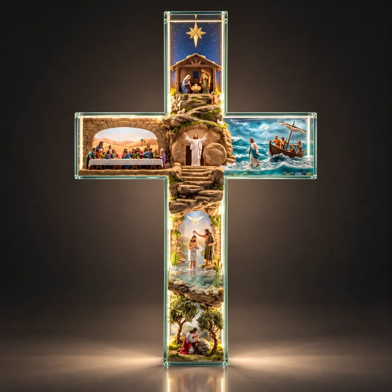 Obra-Prima em Formato de Cruz Iluminada — As Passagens de Jesus Cristo 60x45